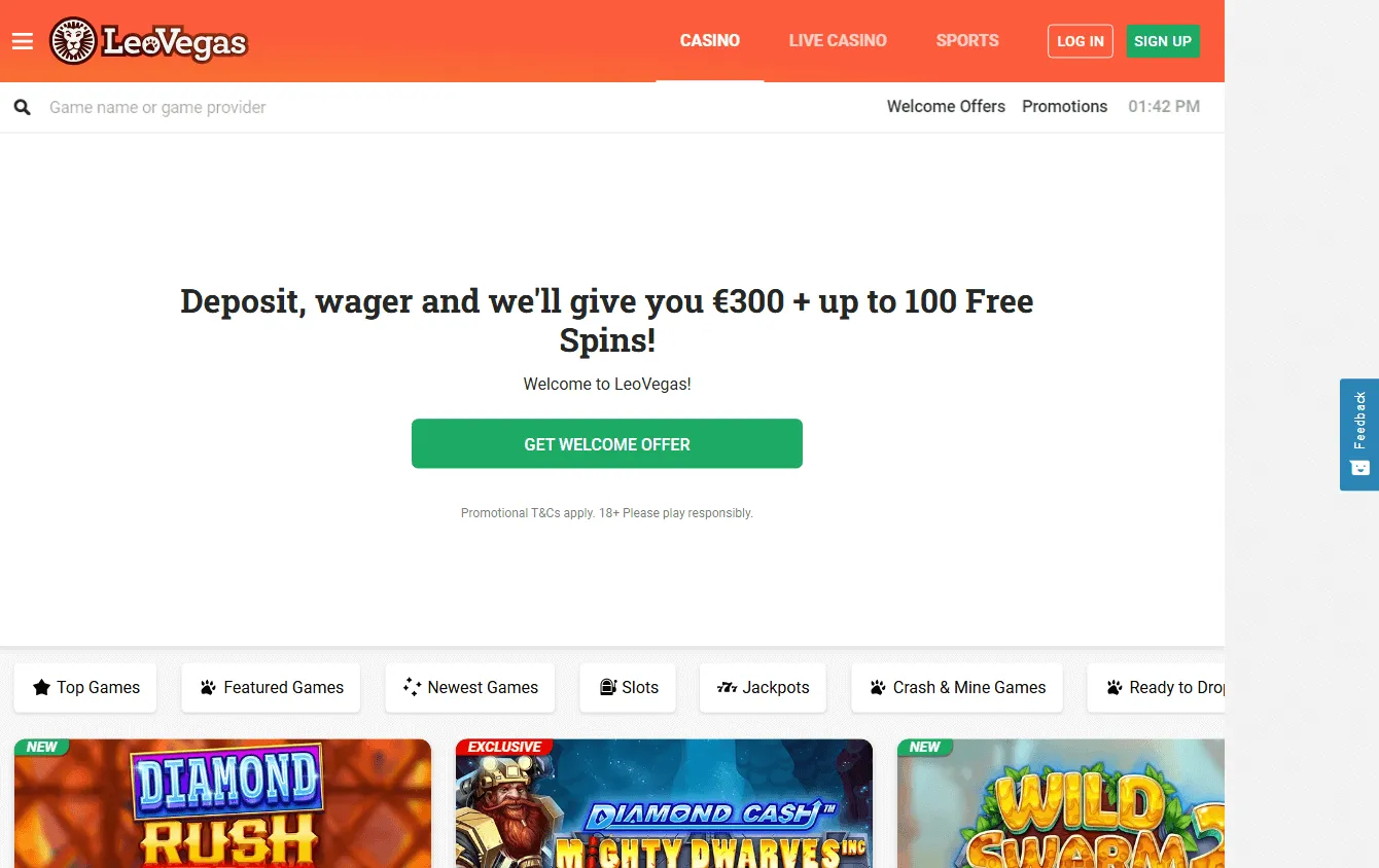 LeoVegas Casino desktop home screen with casino offers and account access