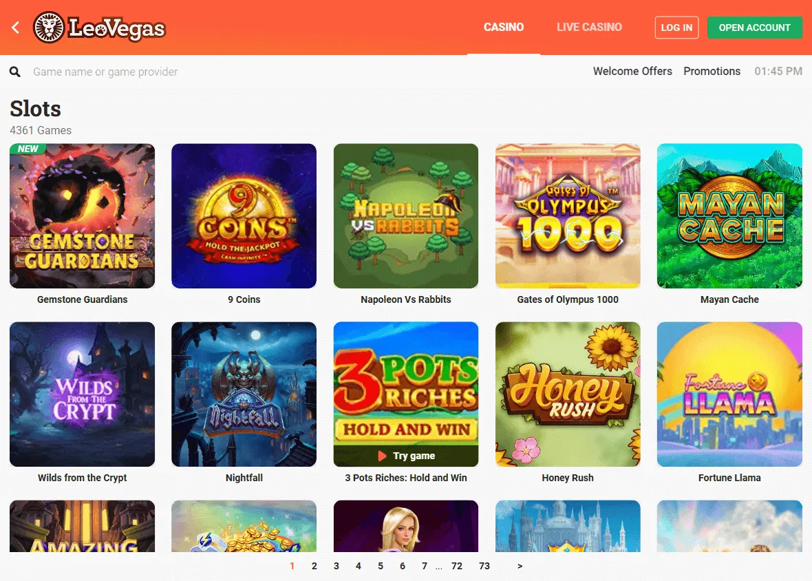 LeoVegas Casino desktop games screen with pokies and casino titles