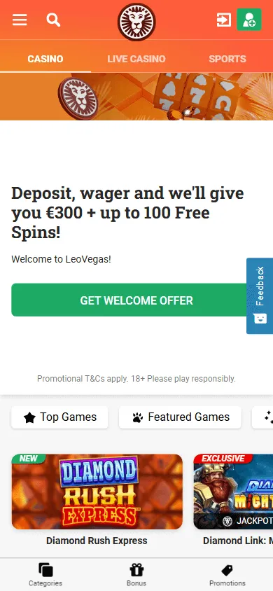 LeoVegas Casino mobile home screen for playing casino games on a phone